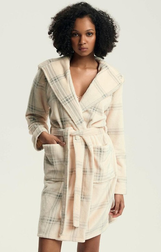 43596 Дамски халат Danna Henderson, бял - с качулка, кариран