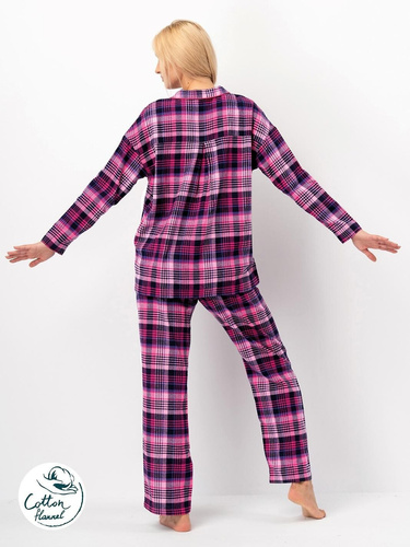 Дамска пижама Key LNS 490 фуксия - памучна фланела, дълги ръкави, копчета