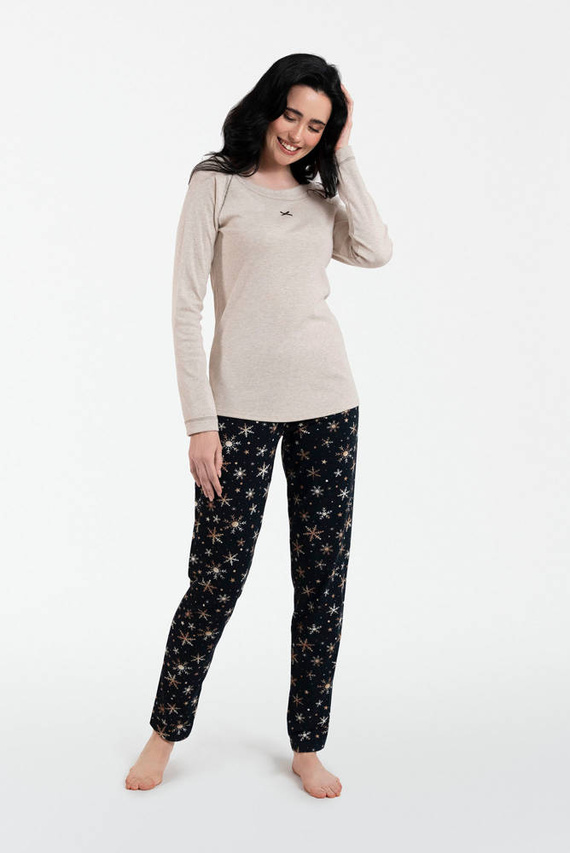 Denali Дамска пижама с дълъг ръкав и дълъг панталон Италианска мода - бежов меланж/принт