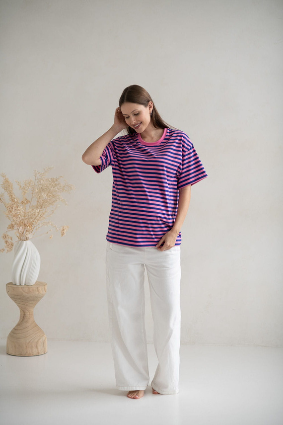 Тениска за бременни и кърмачки Mamahood Milk&Love на розово и синьо райе - удобна и стилна