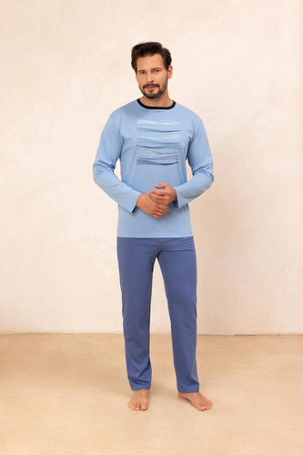 Regina 492 blue – мъжка памучна пижама с дълъг ръкав, класическа кройка