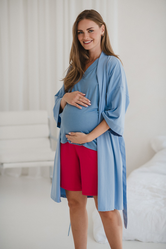 Халат за бременни Milk&Love, син – памук с еластан, удобен, 7/8 ръкави