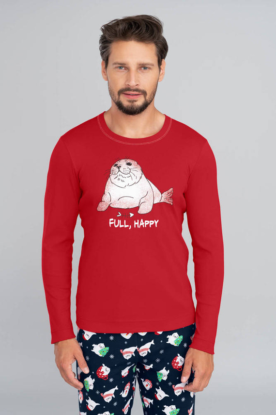 Мъжка пижама с дълъг ръкав и дълъг панталон Италианска мода - червено/принт морско синьо 