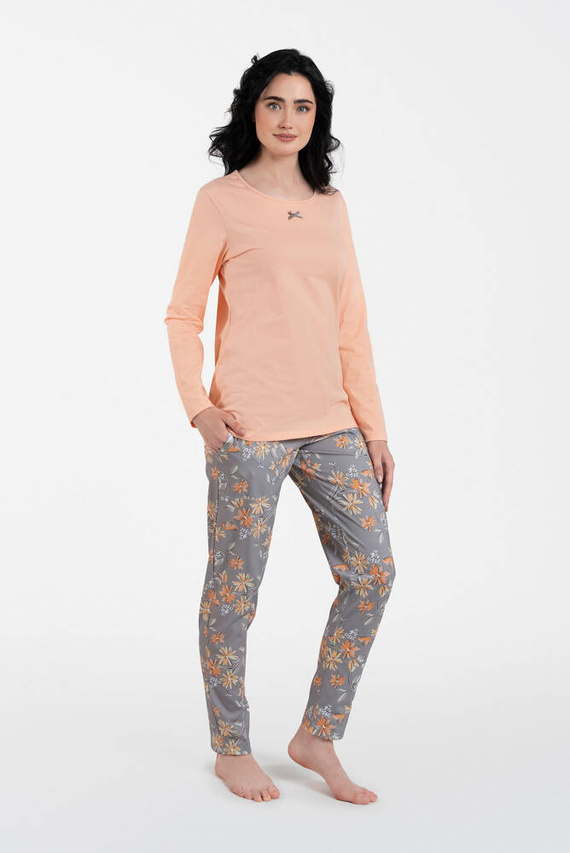 Kasali Дамска пижама с дълъг ръкав и панталон Италианска мода - сьомга/принт 