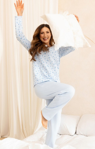 Дамска пижама 717 Regina, синя - топъл памук, с дълги ръкави, цветя