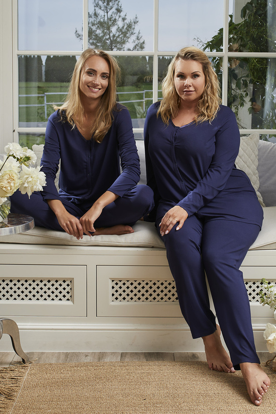 Song Дамска пижама с дълъг ръкав и дълъг панталон Италианска мода - тъмносиньо