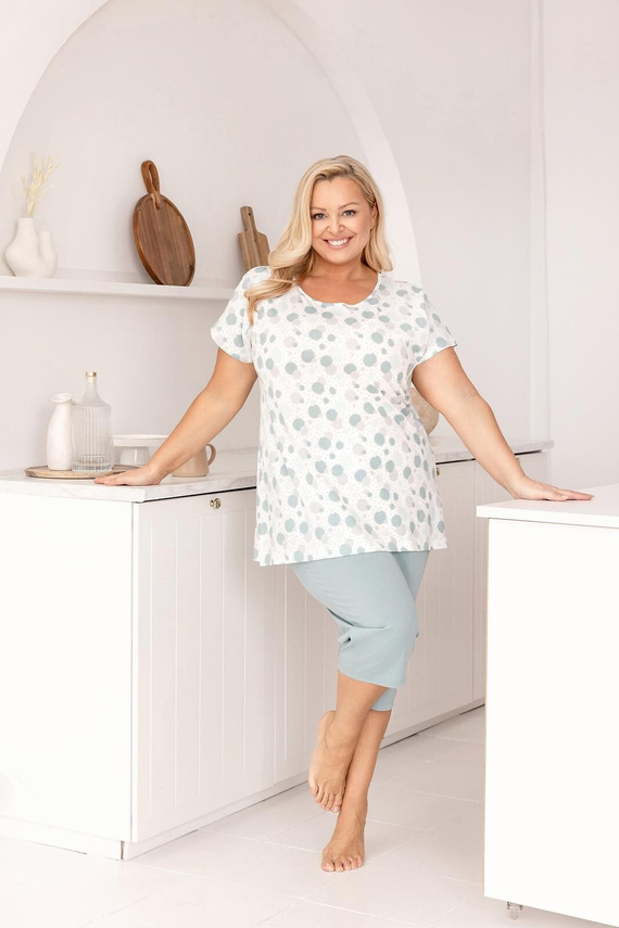 Дамска Памучна Пижама Regina 730 – Блуза на Цветни Точки, Къс Ръкав, Панталон 3/4, 100% Памук