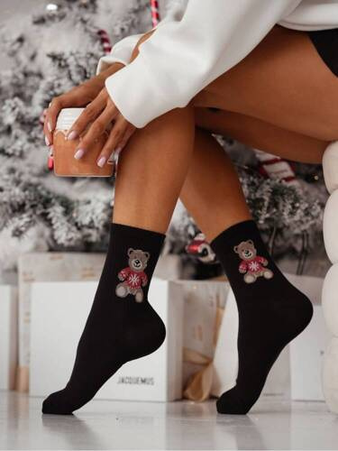 0200-132 Мече в пуловер Коледни дамски чорапи Милена - черни