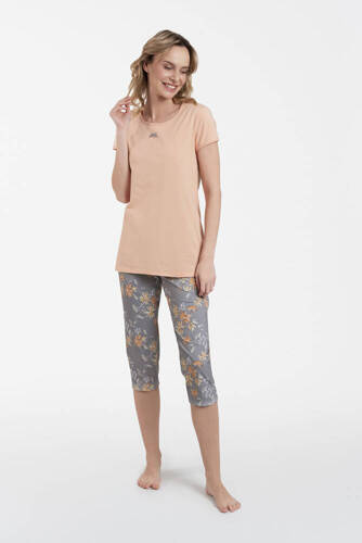 Kasali Дамска пижама с къс ръкав и 3/4 панталон Италианска мода - сьомга/принт