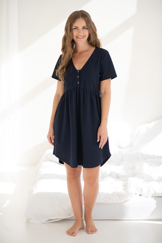 Нощница за бременни и кърмещи Aurora Milk&amp;Love, тъмносиня – памук, закопчаване с копчета, полско производство