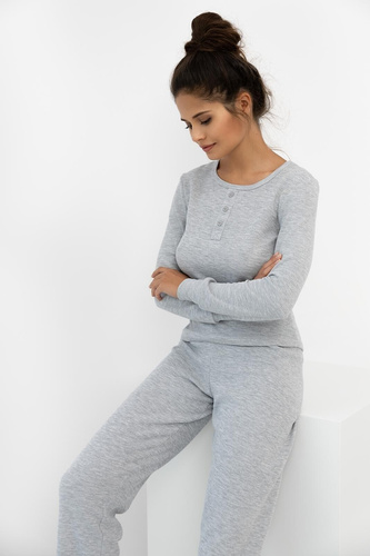 Дамска пижама Jade Sensis - сива, памучна, с дълъг ръкав и панталон