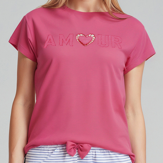 Juliana Sorbetto pink – дамска пижама 100% памук, с бродерия и панталон на дълги райета