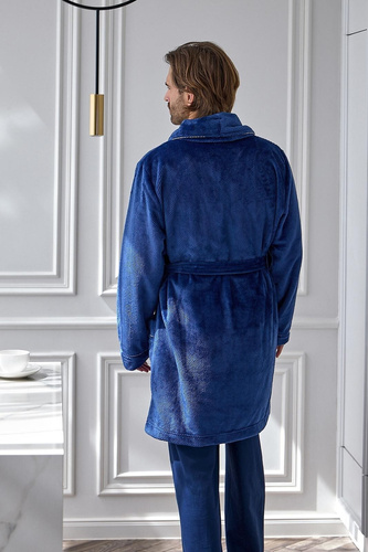 L&L Elegant 2664 Мъжки къс халат от вафлен плат, мек с яка, тъмносин