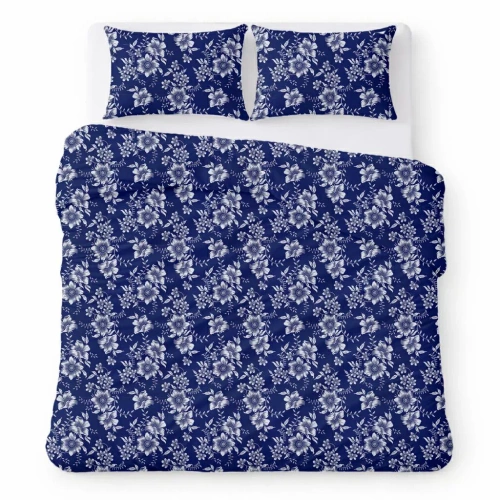 Памучно спално бельо от креп комплект дишащо без гладене navy blue with white flowers