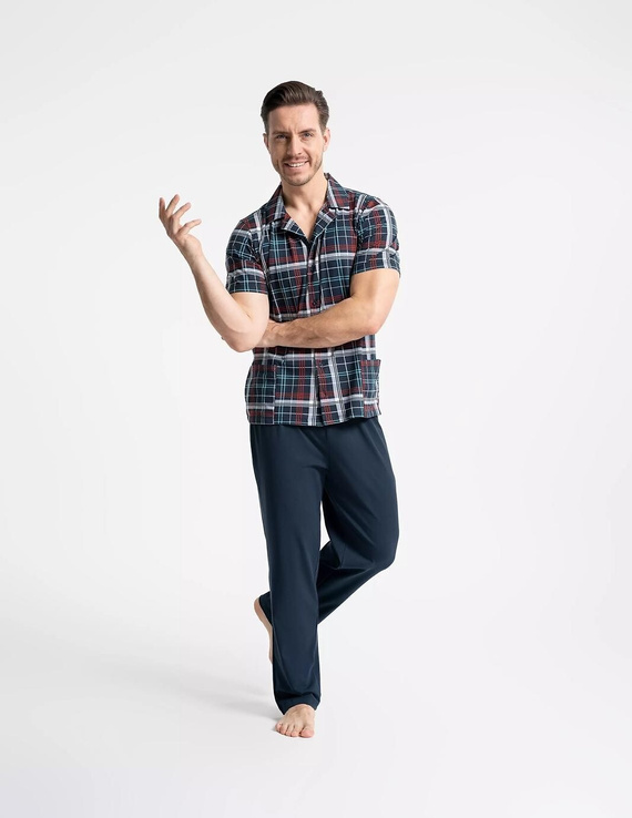 Мъжка пижама Moraj PDM6200-003 тъмносиня разкопчана памучна с джобове