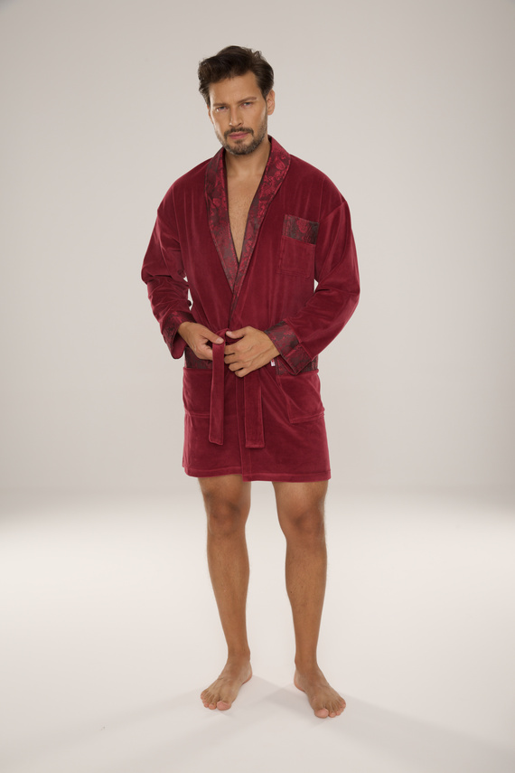 866 Noble Мъжки велурен халат De Lafense - къс, елегантен, памук - бордо