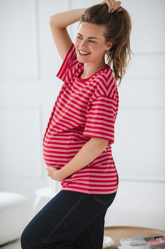 Тениска за бременност и кърмене Mamahood Milk&Love, червено и розово райе – удобна и стилна