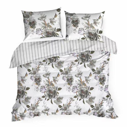 Пролет 39 Цветя спално бельо сатен евро пердета бяло/сиво