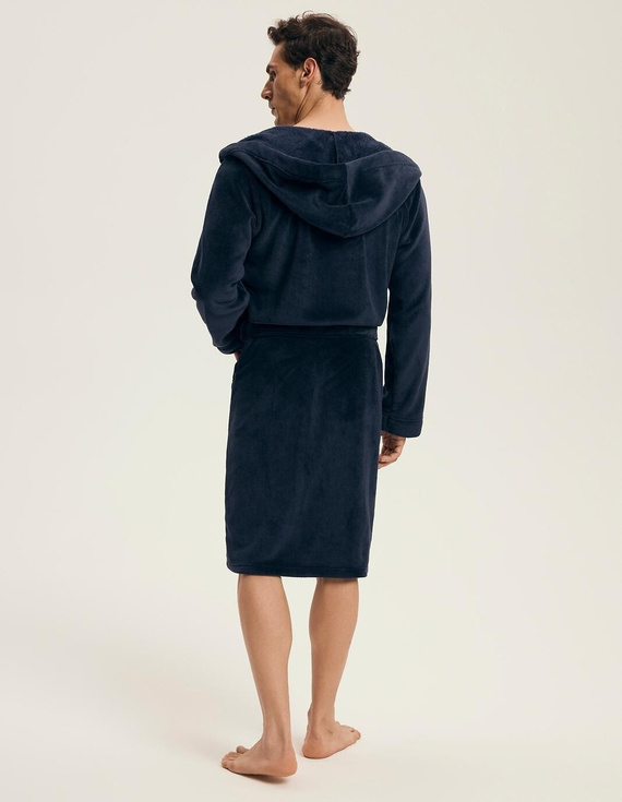 Мъжки халат Henderson 43374 Naps в тъмносиньо - качулка, топла плетка, комфорт и елегантност