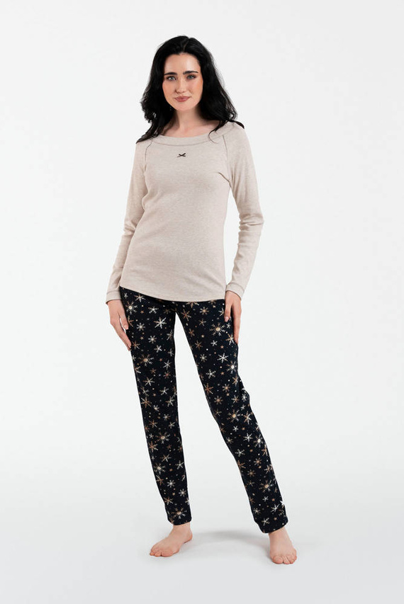 Denali Дамска пижама с дълъг ръкав и дълъг панталон Италианска мода - бежов меланж/принт