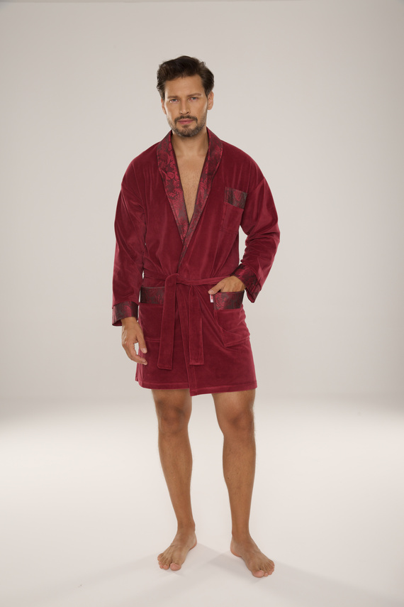 866 Noble Мъжки велурен халат De Lafense - къс, елегантен, памук - бордо