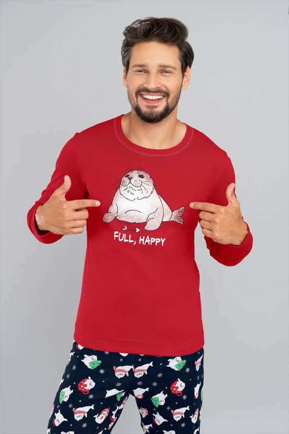 Мъжка пижама с дълъг ръкав и дълъг панталон Италианска мода - червено/принт морско синьо 