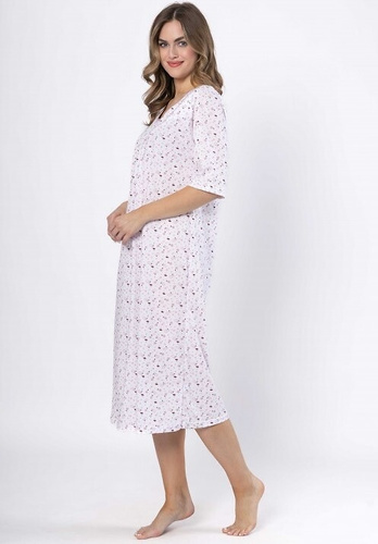 Памучна нощница Leveza 1638 Dioniza бяло и лила – къс ръкав, удобна и женствена