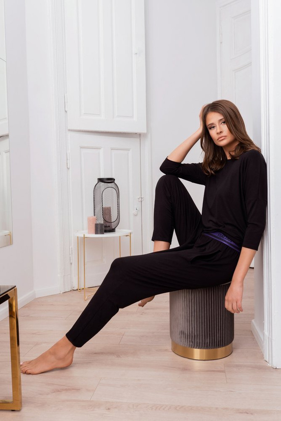 Стил Дамски комплект с 3/4 ръкав, дължина.италианска мода панталони черни