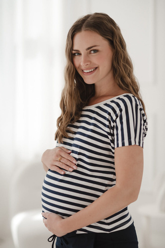 Two Ways двустранна блуза за бременни и кърмене | Къс ръкав, удобно Milk&Love морско синьо и бяло райе