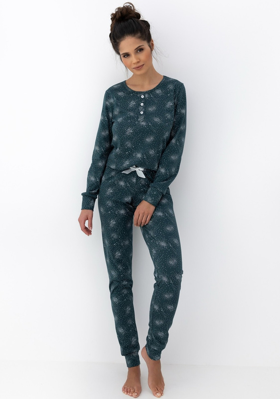 Дамска пижама Ellison Sensis, зелена - памучна пижама с дълги ръкави и оребрени маншети