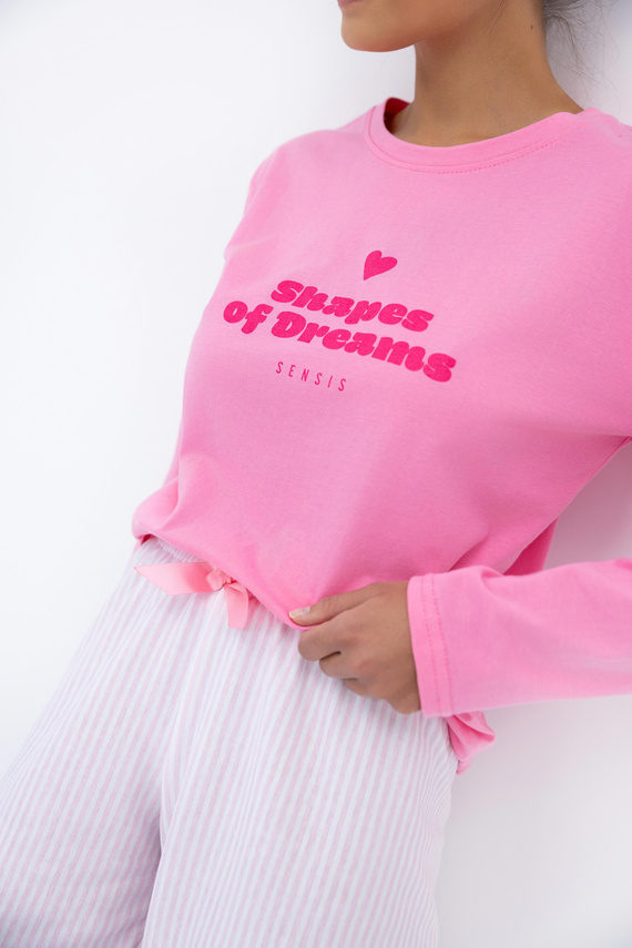 Дамска пижама Malaya Sensis - памучна тениска и дълъг панталон с панделка