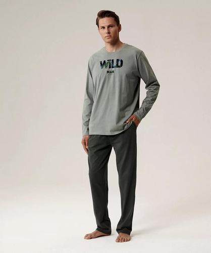 Мъжка пижама NMP-392 Atlantic - зелено/каки памук, дълъг ръкав, стилен комплект за студените нощи