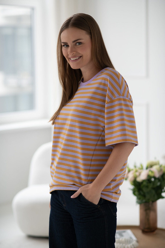 Тениска за бременност и кърмене Mamahood Milk&Love, медено и лилаво райе – удобно и стилно