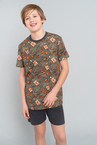 Пижама с къс ръкав, панталон, италианска мода - маслина/графит