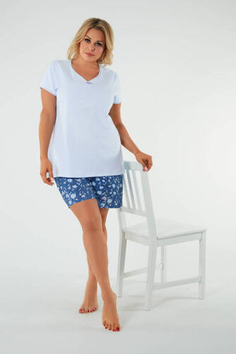 Лале Дамска пижама с къс ръкав, къси панталони Италианска мода - синьо/печат