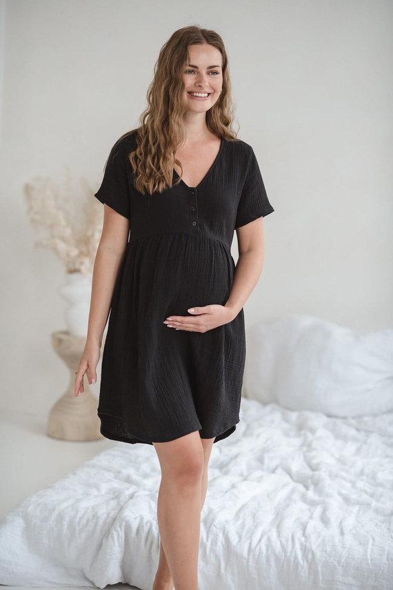 Муселинена нощница за бременни и кърмачки Aurora Milk&Love черна