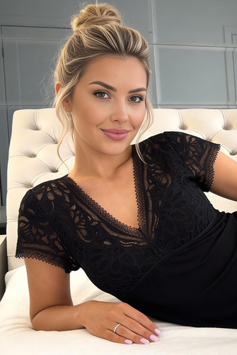Нощница Elena Donna от вискоза с дантела, елегантна, мека, с V-образно деколте, черна
