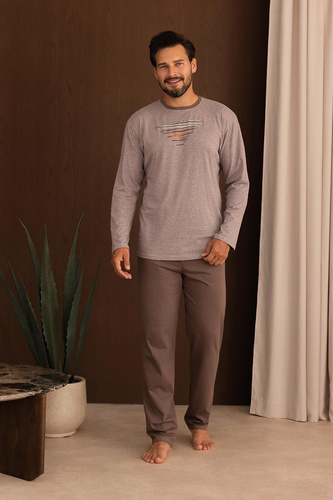 Мъжка пижама Regina 6007 100% памук, дълга с графика - кафява