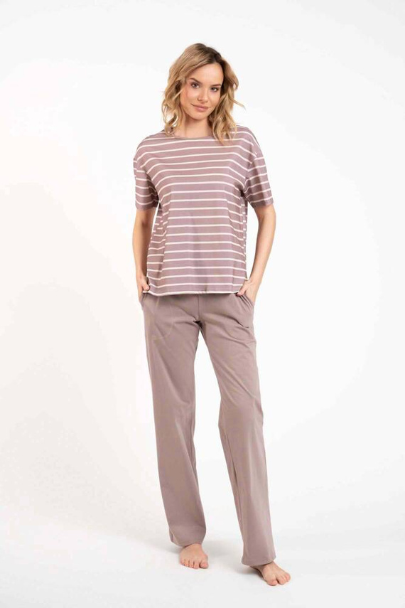 Betty Дамска пижама с къс ръкав и дълъг панталон Италианска мода - капучино/принт капучино