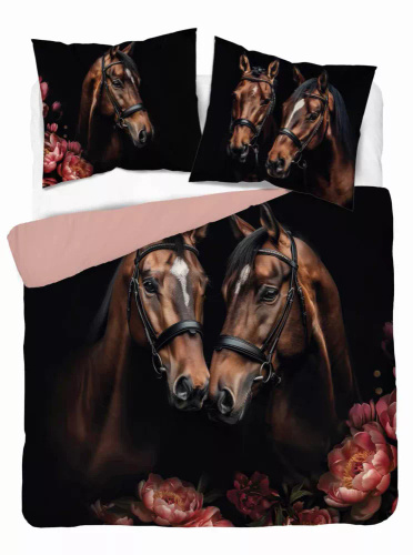 5295 A Holland Памучно спално бельо коне цветя Detexpol черно