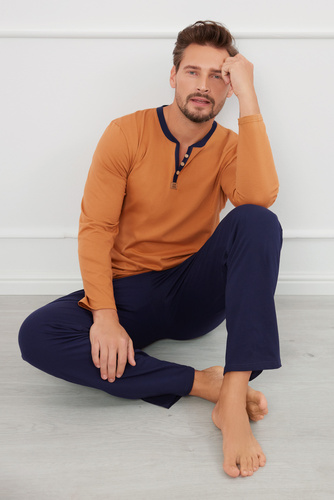 Julius Мъжка пижама с дълъг ръкав и дълъг панталон Италианска мода - коняк/зелено 