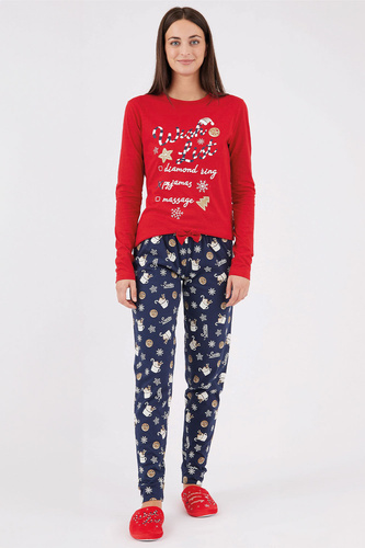 Natalie Sorbetto red – дълга памучна коледна пижама за жени със снежинки