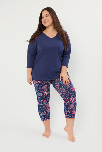 Folk Дамска пижама 3/4 ръкав, 7/8 панталон Италианска мода - морско синьо/принт