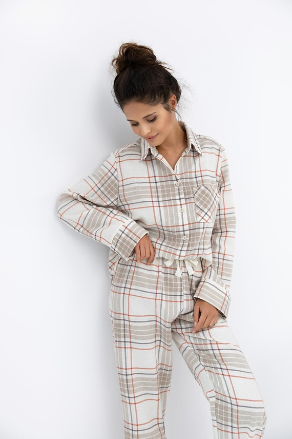 Дамска пижама Adalyn Sensis - карирана памучна фланела, закопчаване с копчета