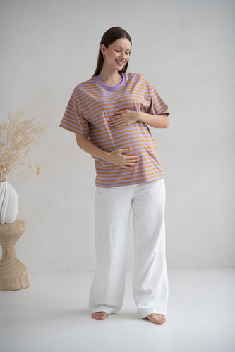 Тениска за бременност и кърмене Mamahood Milk&Love, медено и лилаво райе – удобно и стилно