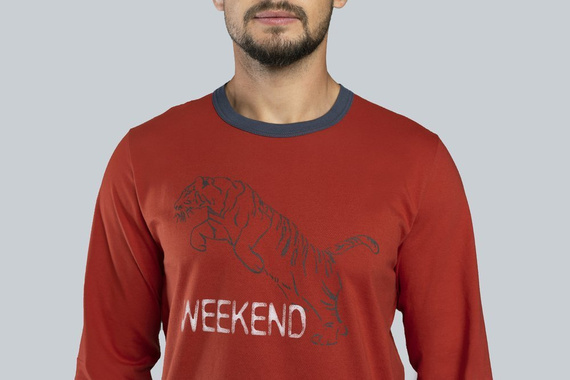 Lion Мъжка пижама с дълъг ръкав, панталон Италианска мода - червено/графит