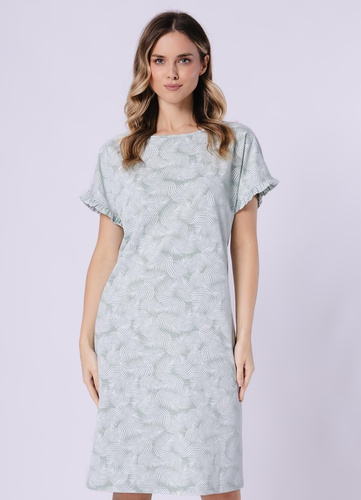 Дамска нощница Elif 1728 Leveza – 100% памук, къс ръкав с къдрички, флорален десен, лека нощница до коляното