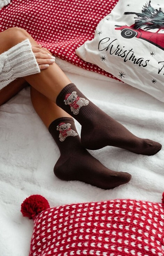 1283-031 Дамски чорапи Милена кафяви - Коледно мече, памук