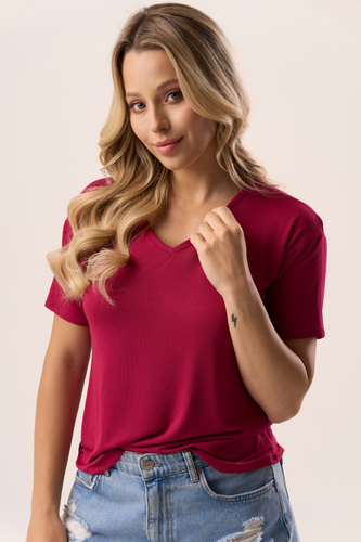 Serina Burgundy Babell блуза – вискоза, къси ръкави, V-образно деколте | стилни и удобни