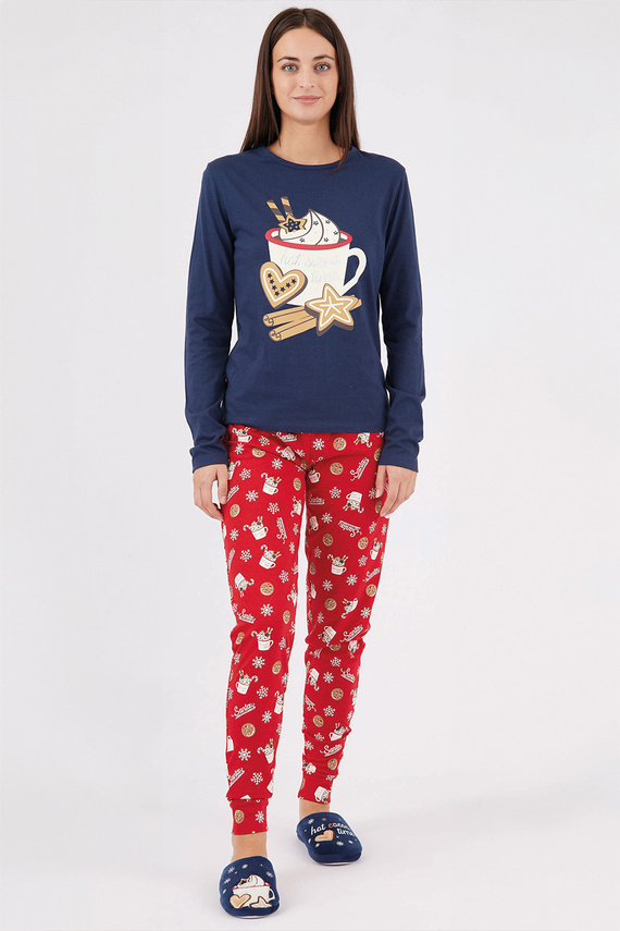 Natalie Sorbetto navy blue – дълга памучна коледна пижама за жени със снежинки